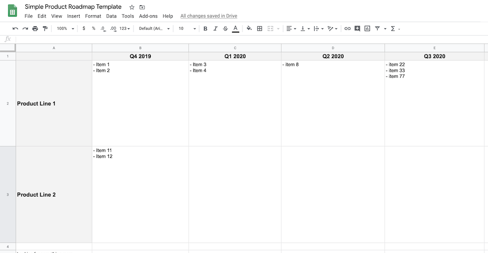 Product Roadmap in Google Sheets